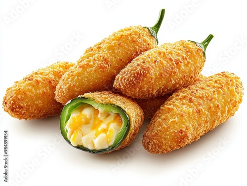 Delicious crispy jalapeno poppers filled with cheese, perfect for appetizers or snacks at parties and gatherings, white background