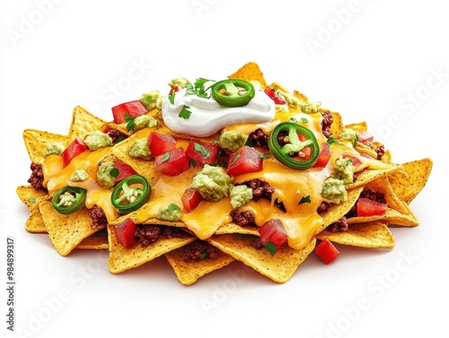 Delicious nachos topped with melted cheese, guacamole, jalapenos, salsa, and sour cream for a perfect snack, white background photo