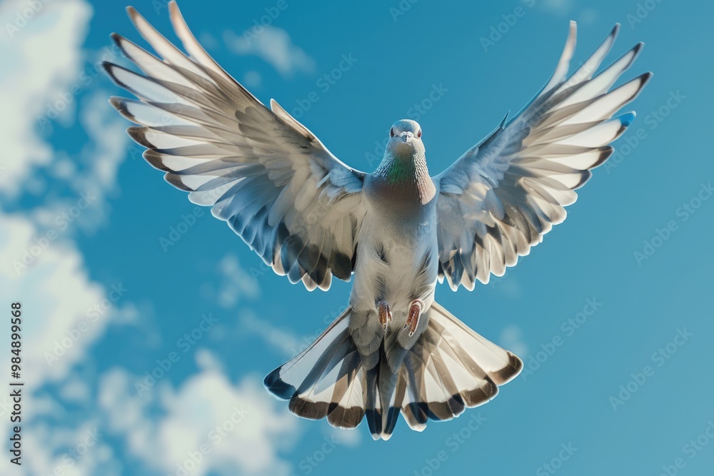 Obraz premium Dove Soaring with Wings Open in Blue Sky