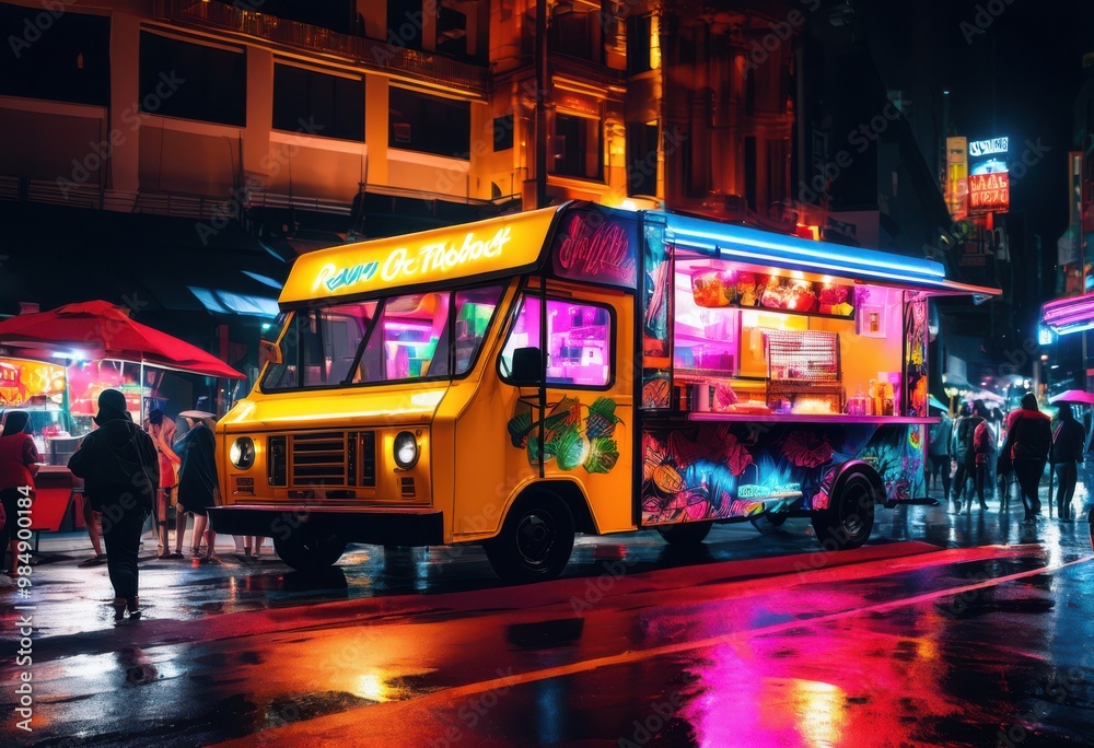 vibrant food truck illuminated dazzling urban lights bustling city night scene, cuisine, glow, illumination, street, colorful, bright, outdoor, dining