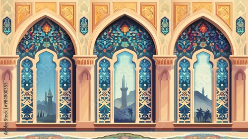 Vector set showcasing Arabic architecture with ornamental arch windows and geometric patterns