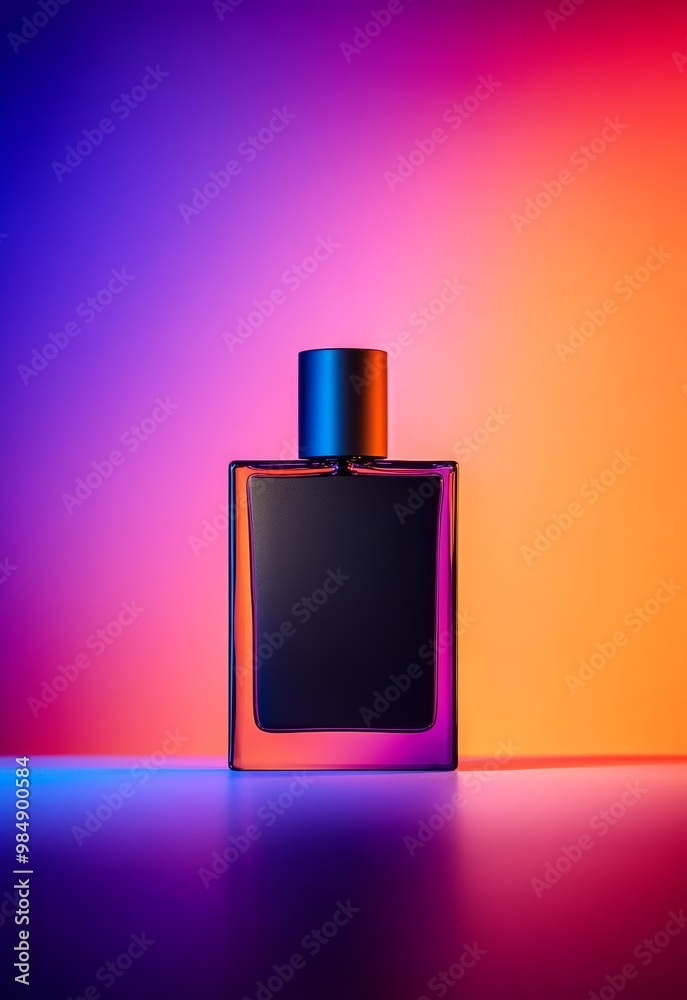 The sleek perfume bottle is illuminated by captivating purple and orange lights, highlighting its elegant shape and design