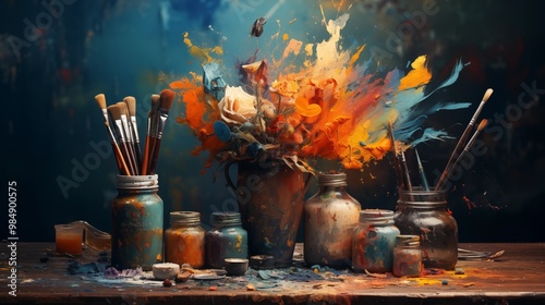 Vintage artist brushes and paint tubes on an abstract artistic background.
