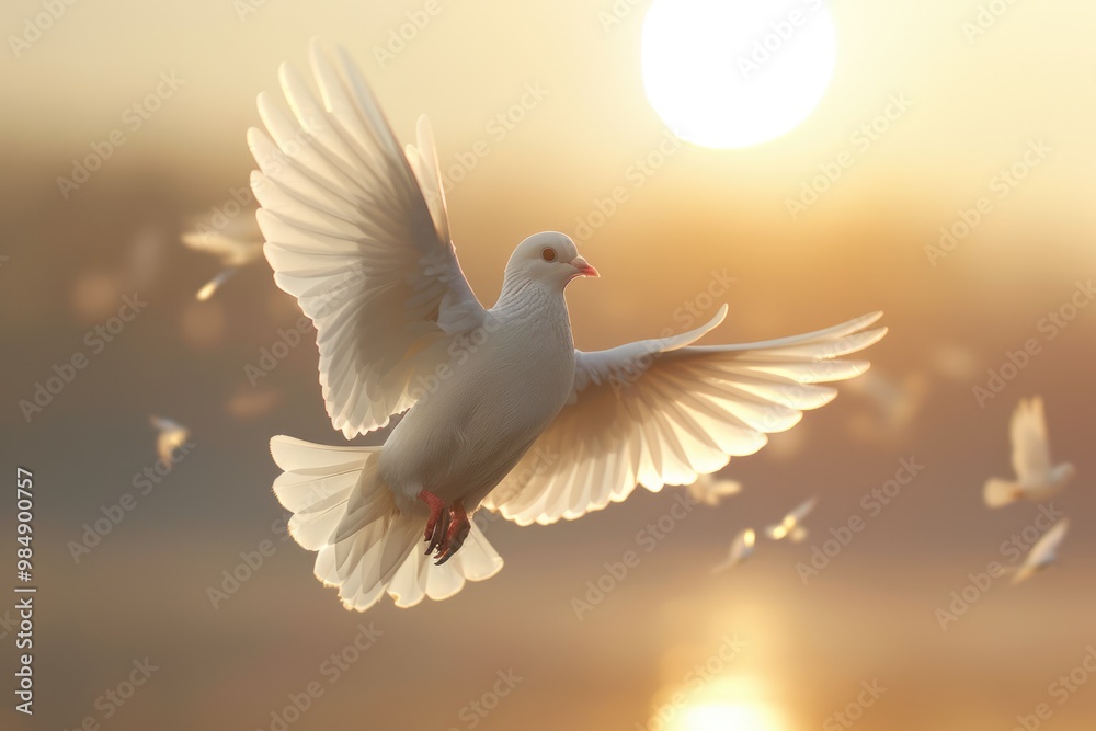 Obraz premium Dove flying with wings open in front of the sun.