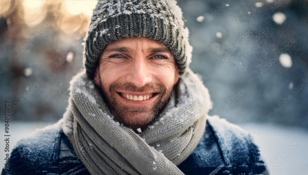 Person in a wool hat and thick scarf smiling in cold weather Person in a wool hat and thick scarf smiling in cold weather