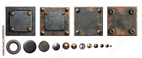Rusty old square metal plates and rivets with industrial parts in steampunk style on transparent background PNG