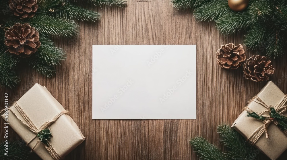 Obraz premium Layout of a blank white card on the Christmas table