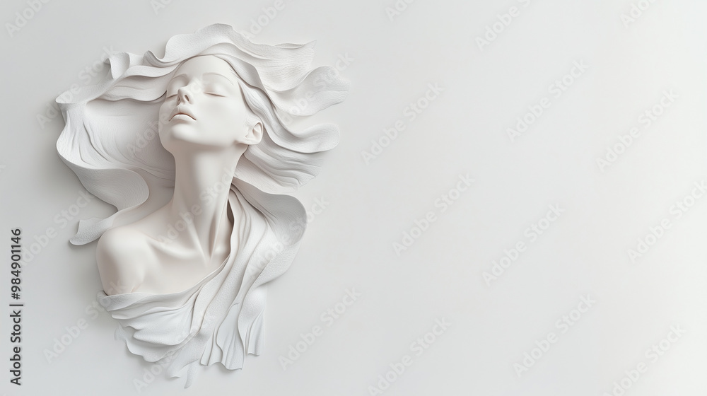 Elegant White Sculpture of a Serene Woman With Flowing Hair Displayed Against a Simple Wall Elegant White Sculpture of a Serene Woman With Flowing Hair Displayed Against a Simple Wall