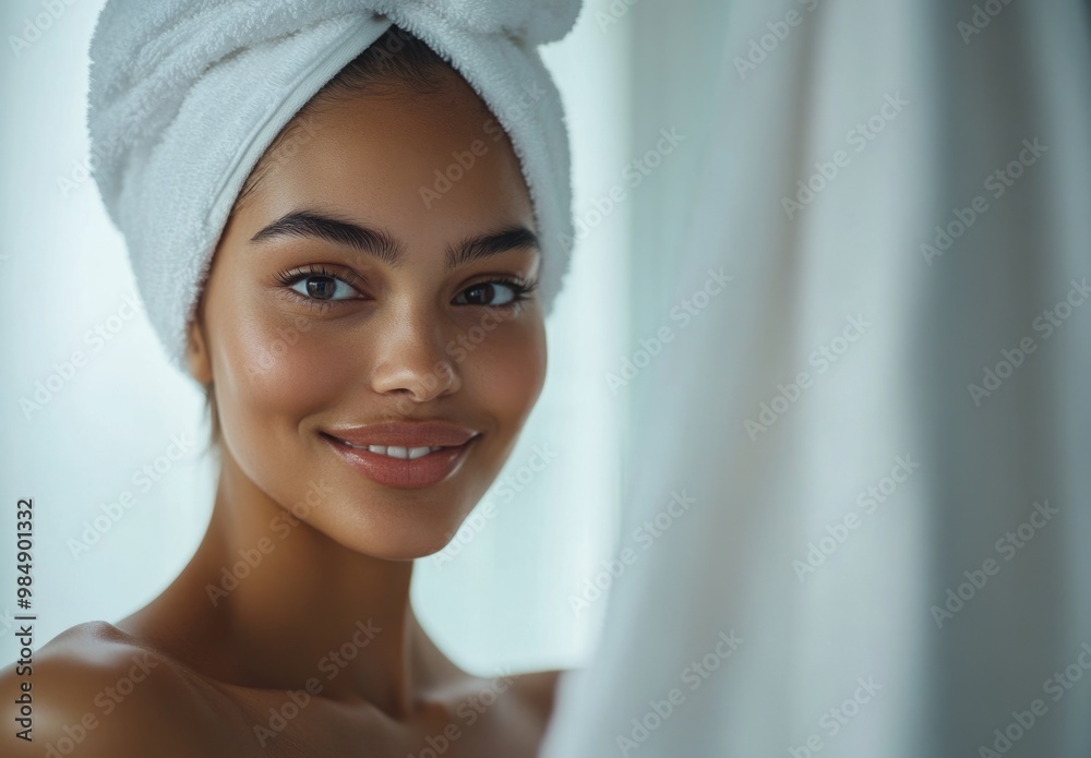 Portrait of one young woman with glowing skin and a towel wrapped on her head, smiling softly, in a serene bathroom setting with soft natural light
Concept: skincare routine, beauty treatment, wellnes Portrait of one young woman with glowing skin and a towel wrapped on her head, smiling softly, in a serene bathroom setting with soft natural light
Concept: skincare routine, beauty treatment, wellnes