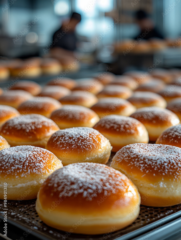 Rows of freshly baked donuts with powdered sugar on a tray. Rows of freshly baked donuts with powdered sugar on a tray.