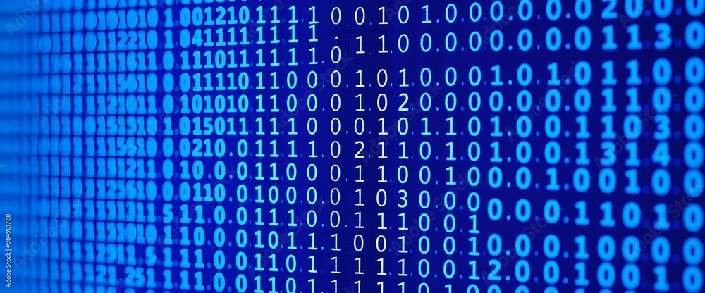 The screen’s blue and the detailed textures. Screen displaying abstract Binary code is only 0 and 1  numbers.