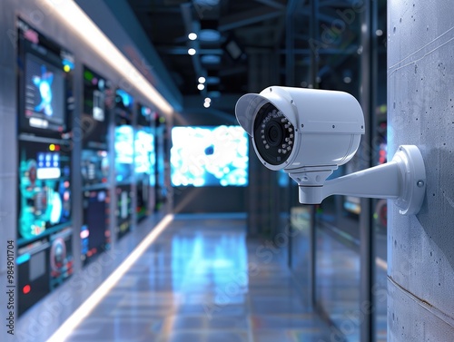 Close-up of a Security Surveillance Camera Overlooking a Busy City Street with Blurred Evening Traffic Lights in the Background, Concept of Urban Safety and Monitoring