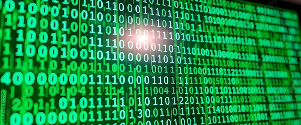 The screen’s green and the detailed textures. Screen displaying abstract Binary code is only 0 and 1  numbers.