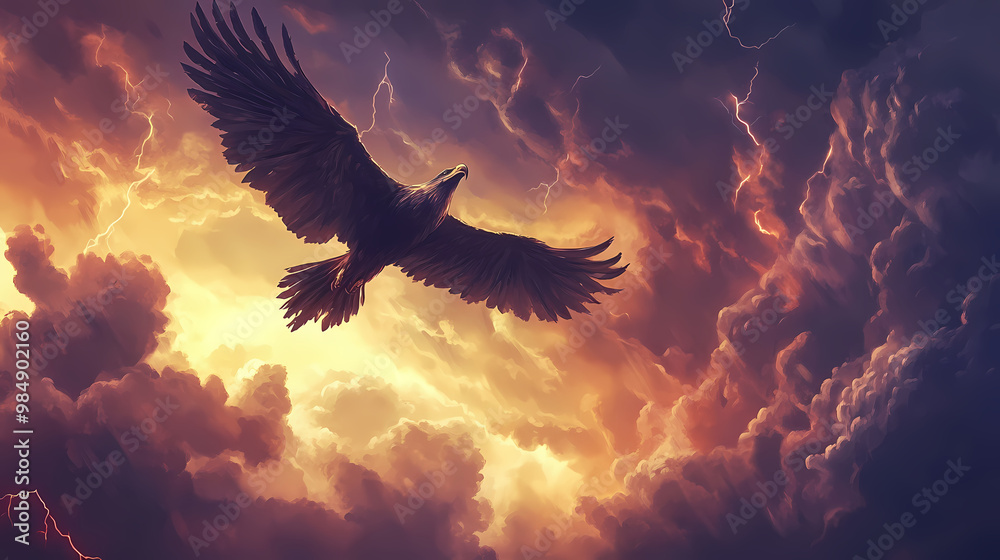 Thunderbird flying above stormy clouds, dramatic sky with lightning. native american heritage day. Thunderbird. Illustration