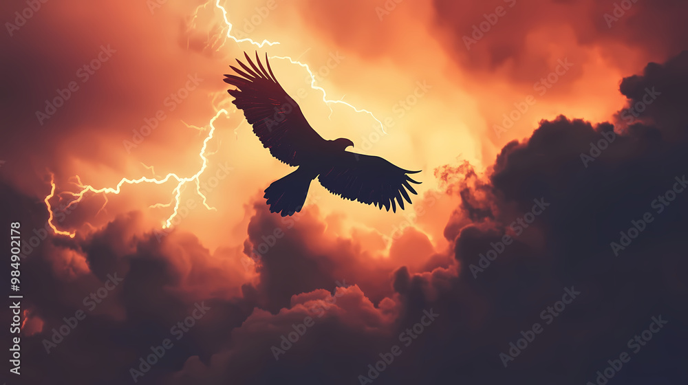 Obraz premium Thunderbird flying above stormy clouds, dramatic sky with lightning. native american heritage day. Thunderbird. Illustration