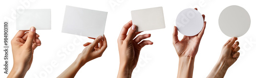 Collection set of male female hand holding blank rectangle and round circle card note paper in different angle on transparent background cutout PNG file. Mockup template for artwork design photo