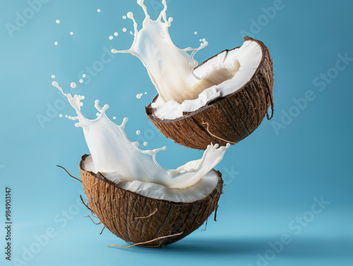 Coconut with Splashing Milk on Blue Background