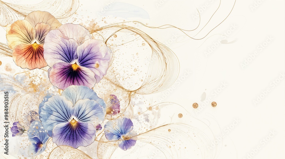 Artistic pansy flower arrangement in soft colors with flowing lines and copy space
