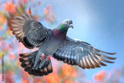 Single pigeon in the air with wings wide open  Single pigeon in the air with wings wide open photo