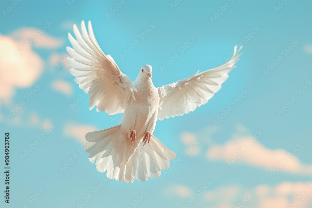 White pigeon flying with open wings in blue sky. White pigeon flying with open wings in blue sky.