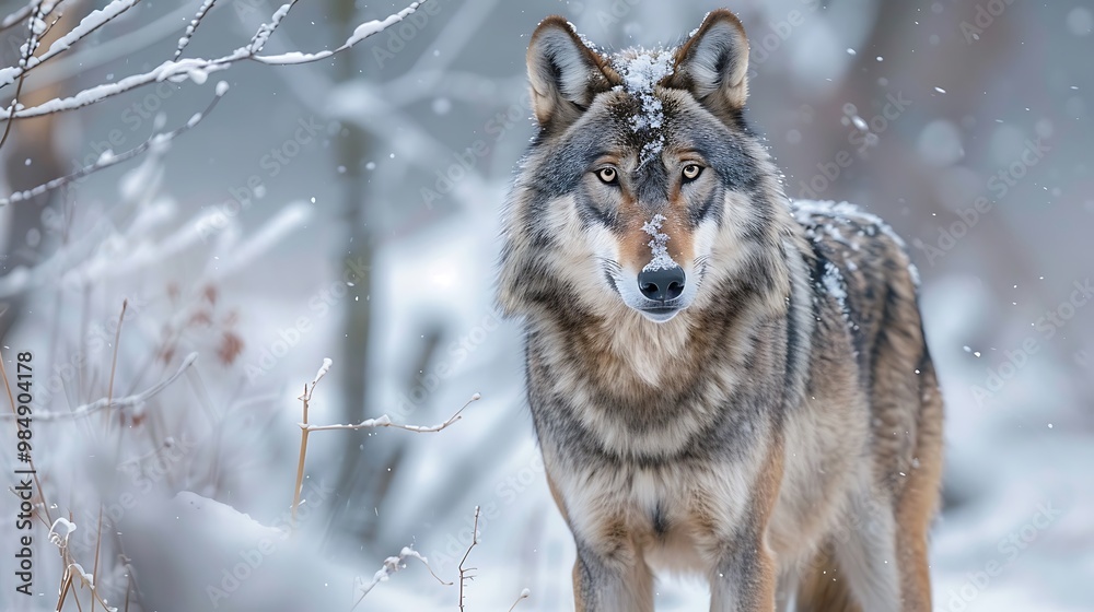 A grey wolf standing alert in a snowy forest, its piercing eyes focused ahead, fur blending with the wintry landscape A grey wolf standing alert in a snowy forest, its piercing eyes focused ahead, fur blending with the wintry landscape