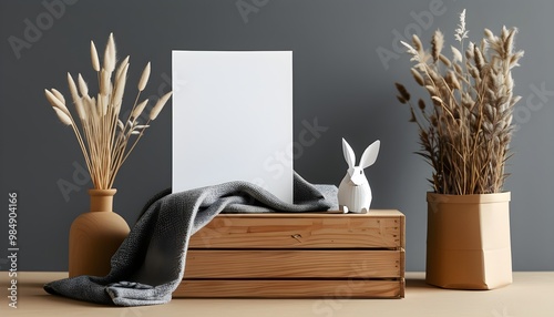 Minimalist flat lay of paper mockup, rabbit tail, and wooden box on grey blanket, perfect for branding and social media templates photo