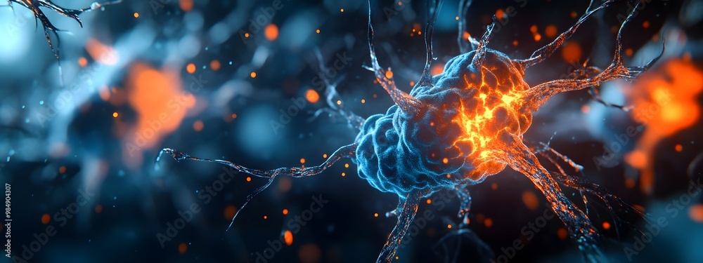 Close-up view of an active neuron cell in the brain, glowing and pulsing with energy. In the background, a blurred-out dark blue and black. The overall tone should be a cold blue and warm orange. Close-up view of an active neuron cell in the brain, glowing and pulsing with energy. In the background, a blurred-out dark blue and black. The overall tone should be a cold blue and warm orange.