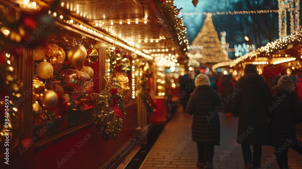 Families taking a Christmas market train ride, passing through stalls filled with golden lights, ornaments, and festive wreaths. Families taking a Christmas market train ride, passing through stalls filled with golden lights, ornaments, and festive wreaths.
