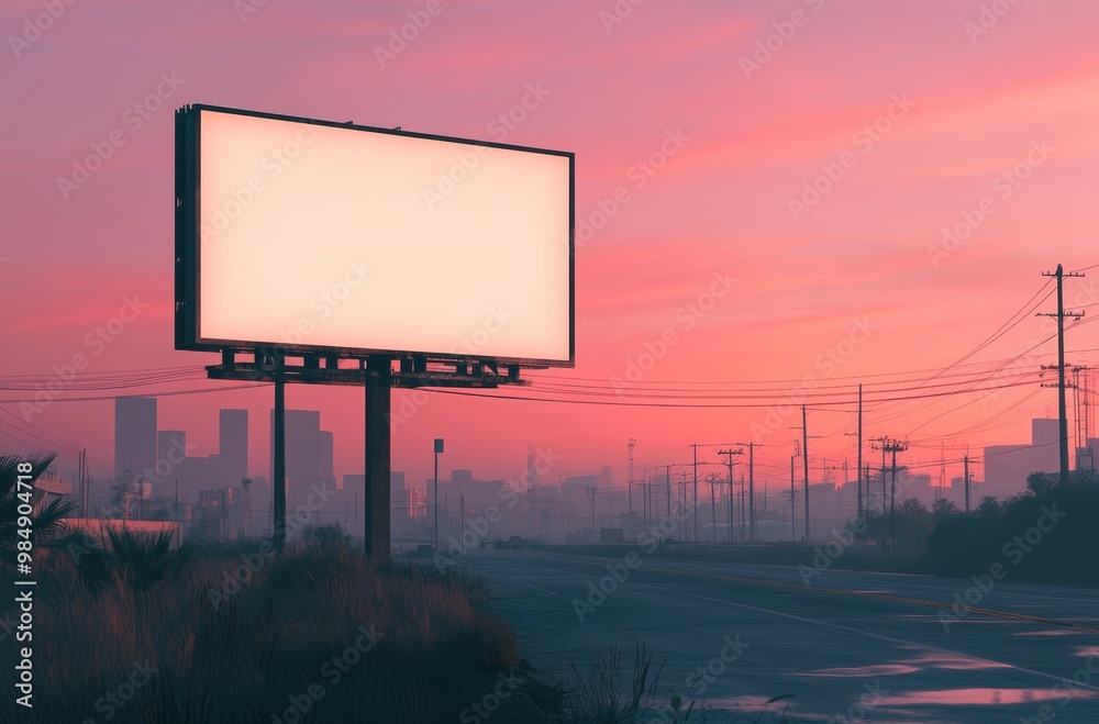 Fototapeta premium The solitary billboard looms on a deserted road at twilight, enveloped by soft pastel hues of the evening sky