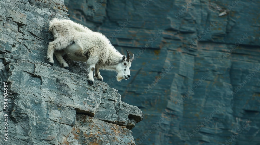 White Mountain Goat Balances on Rugged Rocky Cliff Ledge White Mountain Goat Balances on Rugged Rocky Cliff Ledge