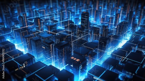 Futuristic city skyline with glowing lines and a network of connections.