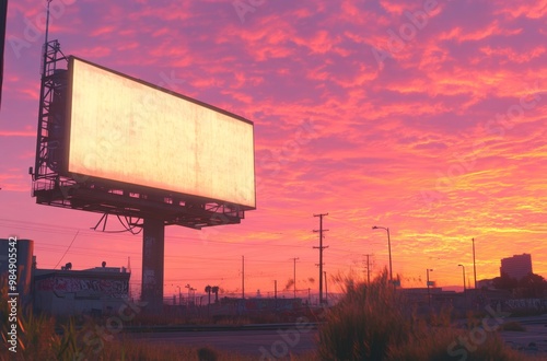 The sky lights up with shades of orange and pink as a vacant billboard looms in an urban setting during the evening