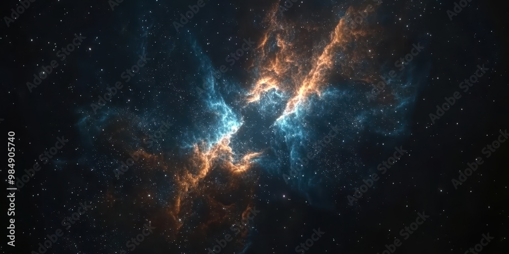 A cosmic cloud of gas and dust in deep space, glowing with blue and orange hues, scattered with twinkling stars. Concept: Stellar birth and cosmic creation. A cosmic cloud of gas and dust in deep space, glowing with blue and orange hues, scattered with twinkling stars. Concept: Stellar birth and cosmic creation.