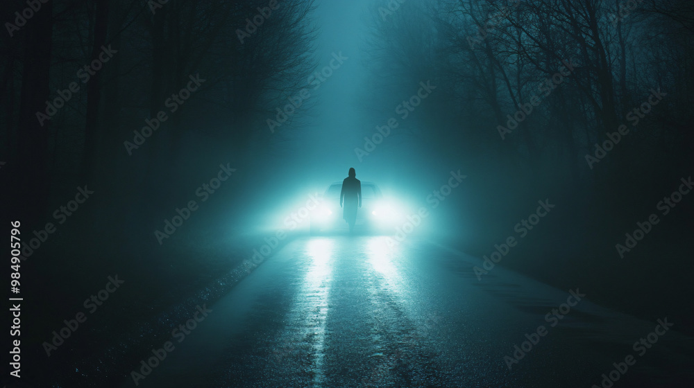 Fototapeta premium A ghostly figure hovering over a dark, misty road, illuminated by the distant headlights of a car.