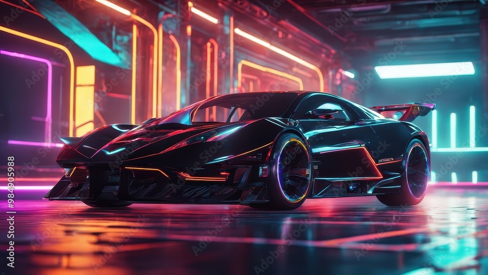 A sleek, futuristic sports car illuminated by vibrant neon lights in a modern setting. A sleek, futuristic sports car illuminated by vibrant neon lights in a modern setting.