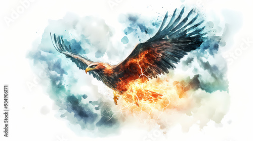 Watercolor painting of a majestic thunderbird soaring through storm clouds, crackling with electric energy, on isolated white background, generative ai. Thunderbird. Illustration photo