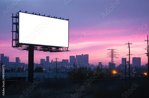 A large blank billboard stands prominently near an urban skyline, with vibrant hues of purple and pink filling the evening sky