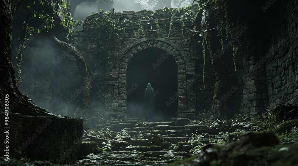 A ghostly figure hovering in the entrance of a dark, ancient crypt covered in moss and surrounded by withered trees. A ghostly figure hovering in the entrance of a dark, ancient crypt covered in moss and surrounded by withered trees.