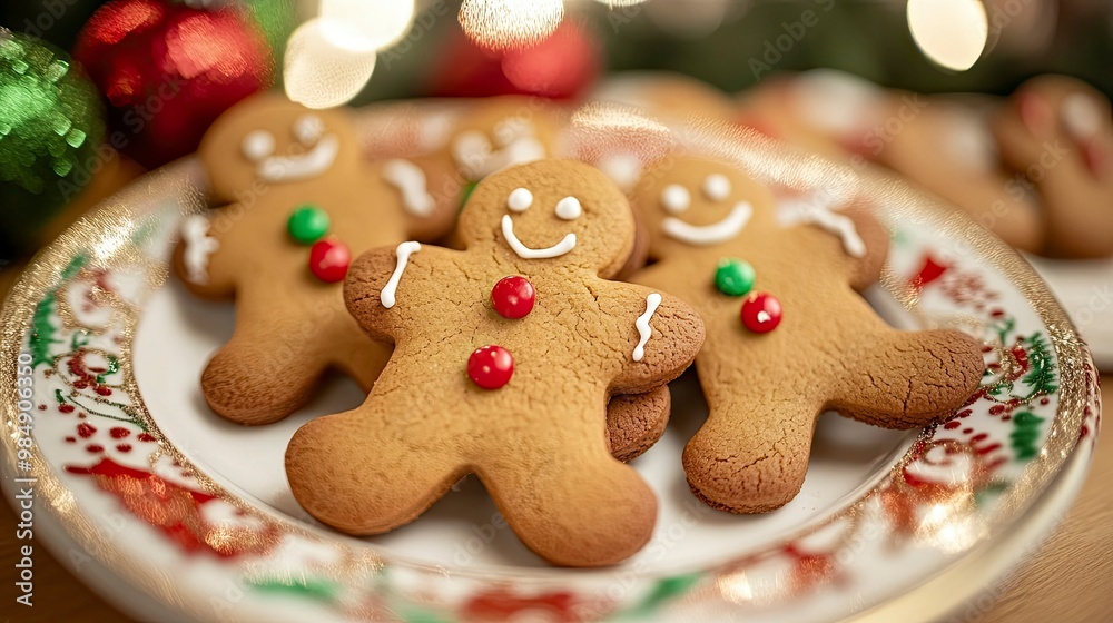 Gingerbread men cookies with red and green buttons, placed on a festive holiday plate, ready to be enjoyed. Gingerbread men cookies with red and green buttons, placed on a festive holiday plate, ready to be enjoyed.