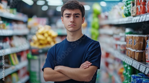 Young sales clerk grimacing with crossed arms at supermarket. with copy space image. Place for adding text or design photo