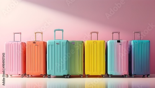 Vibrant Suitcases Displayed Against a Soft Pastel Gradient Background, Celebrating Travel and Organization