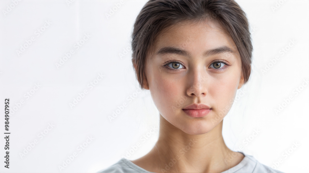 A studio portrait of a short-haired American Asian woman with short brown hair. She's wearing a white t-shirt. Basic head shot isolated against a white background. Copy space. A studio portrait of a short-haired American Asian woman with short brown hair. She's wearing a white t-shirt. Basic head shot isolated against a white background. Copy space.