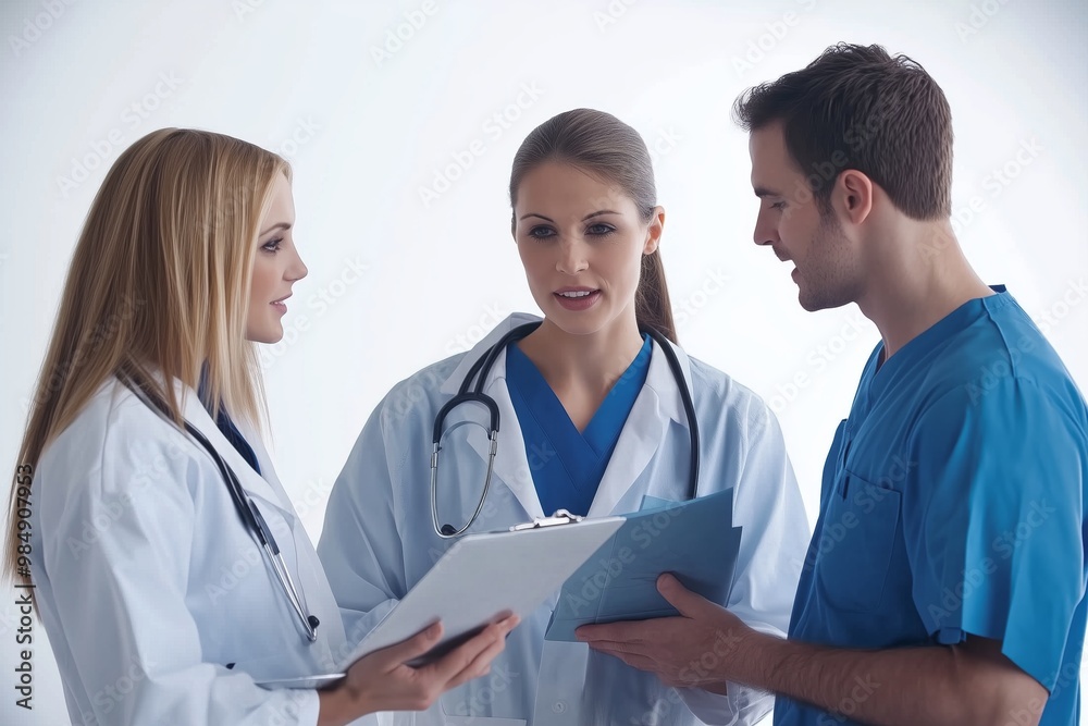 A professional medical team in uniform, discussing patient care or reviewing medical records. A professional medical team in uniform, discussing patient care or reviewing medical records.