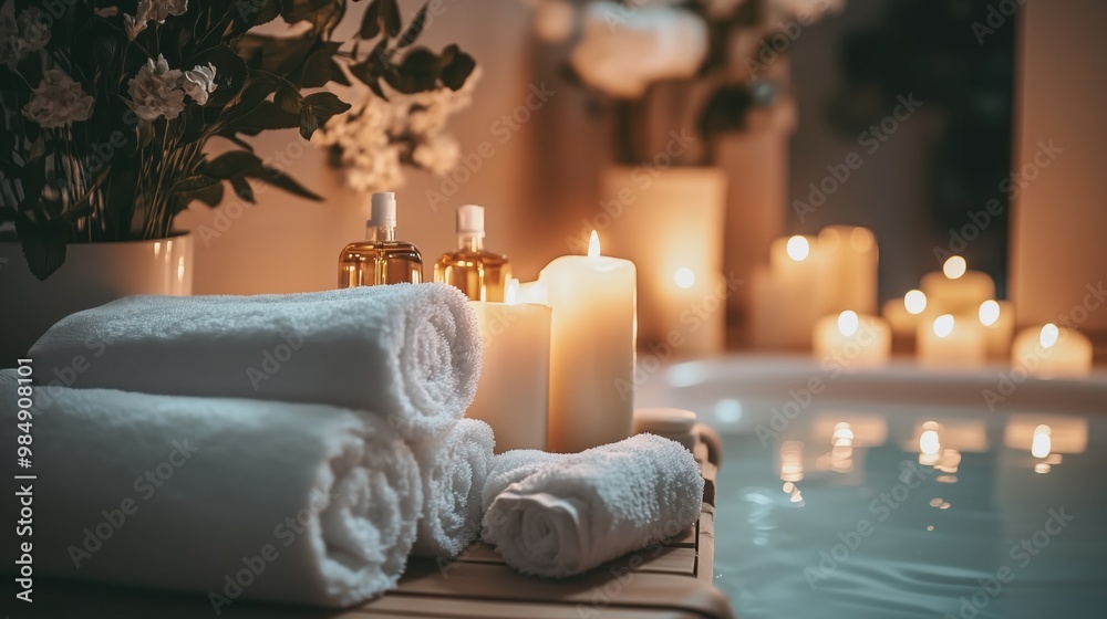 A bathtub with candles and towels on a wooden board. The candles are lit and the towels are neatly stacked. Concept of relaxation and tranquility. A bathtub with candles and towels on a wooden board. The candles are lit and the towels are neatly stacked. Concept of relaxation and tranquility.