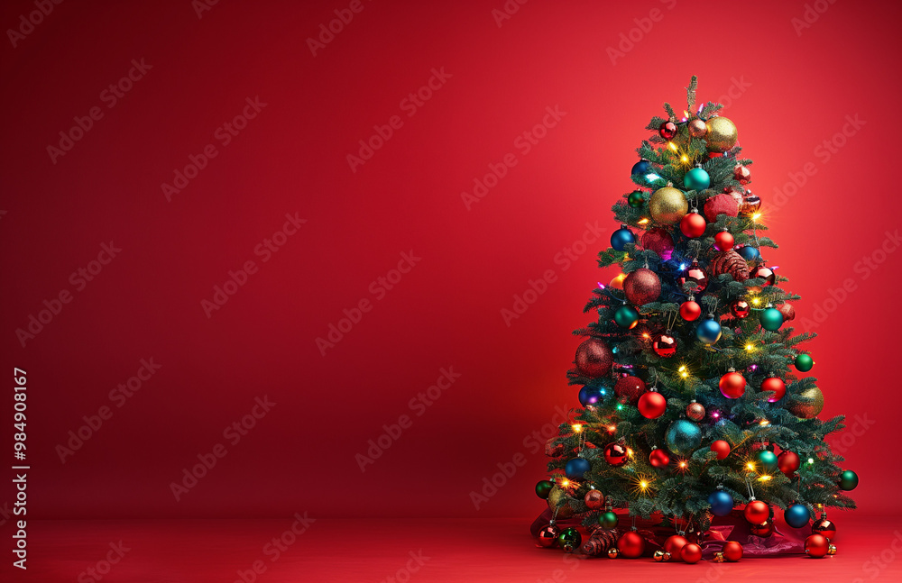 A beautifully decorated Christmas tree on red background with copy space for text A beautifully decorated Christmas tree on red background with copy space for text