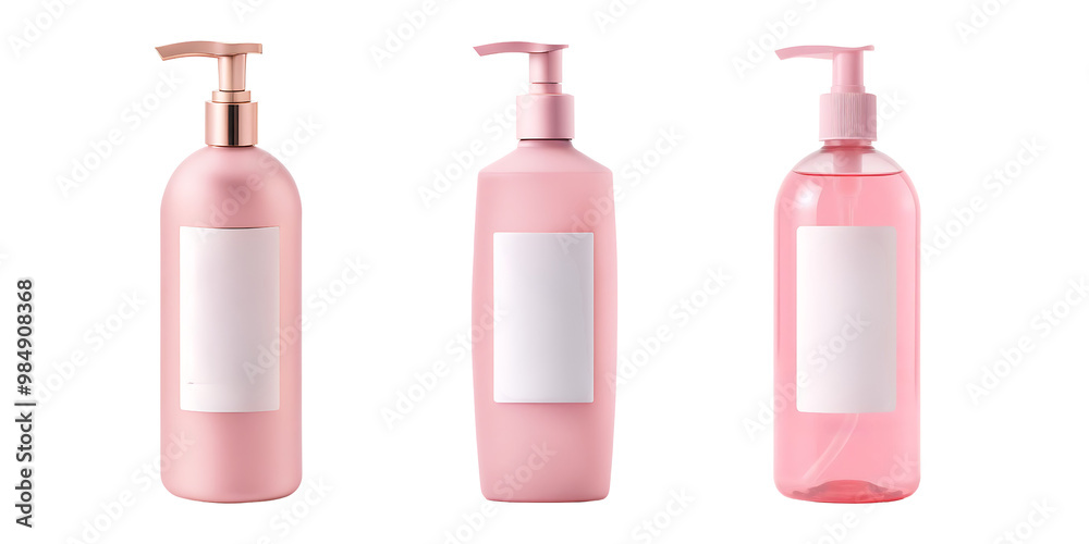 Set of Blank pink cosmetics bottle mockup for shampoo, handwasher, cleanser, lotion, liquid, soap, toner, on transparent background Set of Blank pink cosmetics bottle mockup for shampoo, handwasher, cleanser, lotion, liquid, soap, toner, on transparent background
