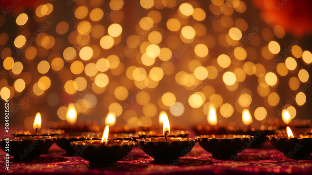 A festive display of traditional diya lamps against a backdrop of shimmering lights and sparkles A festive display of traditional diya lamps against a backdrop of shimmering lights and sparkles