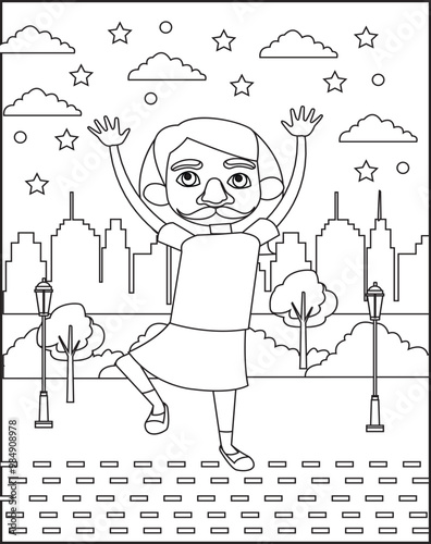 The old man cartoon jumps from the happiness vector image coloring page. photo