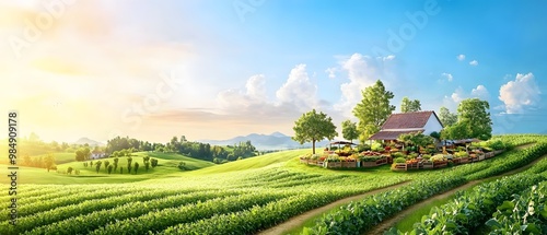 A serene rural landscape featuring lush green fields, quaint house, colorful flowers, and a bright blue sky. Perfect for nature imagery.