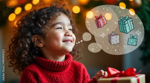 A little girl with curly hair smiles widely while her eyes are closed, imagining gifts with a festive atmosphere surrounding her. It captures a moment of pure joy photo